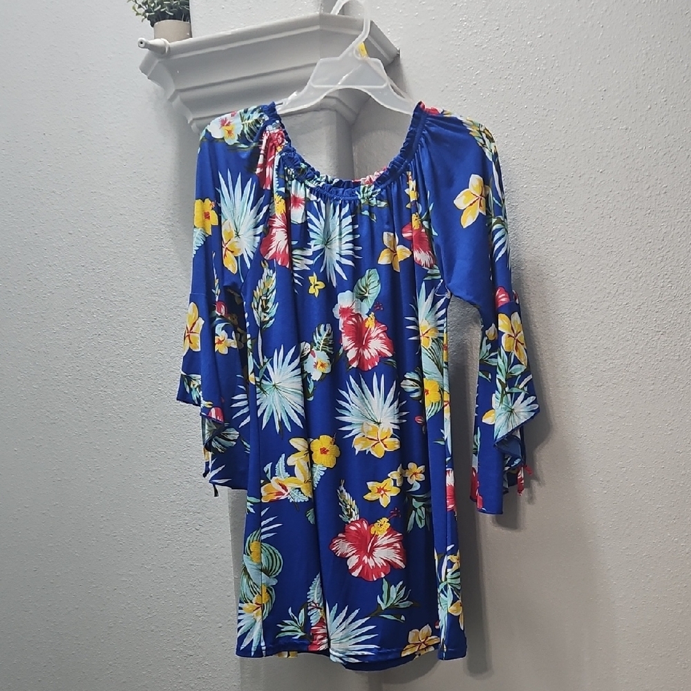 Floral Blue Tunic with Bell Sleeves